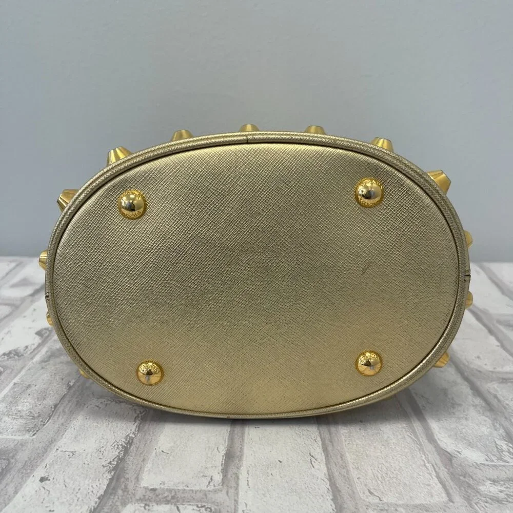 Prada Metallic Gold Saffiano Leather Vernice Studded Bucket Bag - Preowned